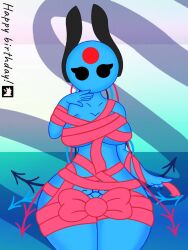 1girls antennae_(anatomy) blue_body blue_skin bondage bow facial_markings featureless_breasts female forehead_mark hand_to_own_mouth iterator_(rain_world) looking_at_viewer looks_to_the_moon_(rain_world) nexthargon one_hand_up pubic_tattoo rain_world ribbon ribbon_bondage robot robot_girl robot_humanoid solo tattoo thick_thighs tied_up