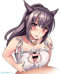 1boy animal_ears aruma_jiki bell blush breasts cat_keyhole_bra cat_lingerie censored choker cleavage facial facial_mark female final_fantasy final_fantasy_xiv long_hair looking_at_viewer miqo'te paizuri penis ponytail pov purple_eyes simple_background tied_hair tongue tongue_out white_background