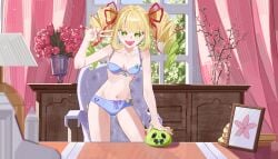 1girls blonde_hair blue_bra blue_panties blush blush_stickers bow bra breasts commission curtains drill_hair female flower fuzuki_miki fuzuki_miki_(3rd_costume) green_eyes hair_ribbon hairbow highres indie_virtual_youtuber indoors open_mouth panties pizepize00 ribbon rose small_breasts solo standing streamer table twin_drills underwear underwear_only v virtual_youtuber vtuber window youtube youtuber