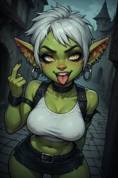 ai_generated exposed_midriff goblin goblin_female hoop_earrings hourglass_figure middle_finger nipple_outline perchance_ai piercings short_hair shortstack tongue_out