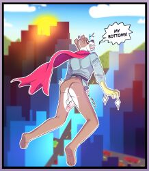 absurd_res anthro anus balls canid canine cape clothed clothing embarrassed embarrassing_nudity flying genitals gloves handwear hi_res image_comics invincible_(image_comics) magic magic_user male mammal pantsless penis seance_dog_(invincible) solo syforg