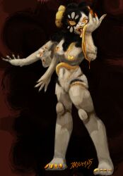 anthro black_hair bovid breasts caprine digital_media_(artwork) digital_painting_(artwork) dripping eye_markings eye_through_hair eyelashes female fluffy fluffy_hair fur genitals gold_(metal) gold_nails gold_tooth hair hand_lick heart_nipples hi_res horn just_dryvern liquid_metal looking_at_viewer mammal markings multi_arm multi_limb navel nipples nude painting_(artwork) segmented_body sheep simple_background solo tongue tongue_out translucent translucent_hair unusual_eyes vulva white_body white_fur wool_(fur) yellow_eyes yellow_horn