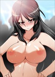 black_hair blush breasts female frown fukiyose_seiri hands_on_hips highres hips long_hair nipples no_bra nude pointy_chin red_eyes shiny shiny_skin small_waist solo to_aru_majutsu_no_index tony_man wet wide_hips