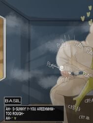 2boys anal anal_sex ass ass_grab basil_(omori) dialogue femboy gay heels high_heels huge_cock male male_only nervous omori omori_(character) sunny_(omori) text thick_thighs thighhighs yaoi yomiee