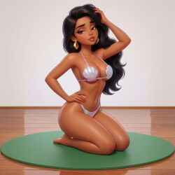 ai_generated black_hair brown_eyes brown_skin chel chel_(the_road_to_el_dorado) clam_shell_bra earrings hand_on_head hand_on_hip kneeling seductive_look the_road_to_el_dorado wooden_floor yoga_mat