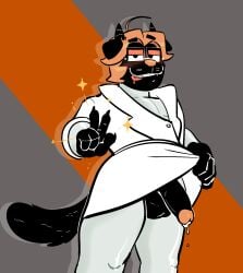 2025 animalboyfriend anthro balls bodily_fluids clothed clothing clothing_lift coat cum cum_drip doc_(animalboyfriend) domestic_cat dripping drooling eyewear felid feline felis genital_fluids genitals gesture glasses hand_gesture hi_res lab_coat looking_at_viewer male mammal penis saliva skinsuit solo tight_clothing tongue tongue_out topwear v_sign