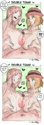 2girls big_breasts breasts character_request crossover cum double_paizuri female g-nsfw multiple_females multiple_girls original_character paizuri pokemon red_hair serena_(g-nsfw) serena_(pokemon) straight