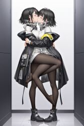 2girls ai_generated arknights arknights:_endfield black_pantyhose deep_kiss endministrator_(arknights) footsie hug kissing symmetrical_docking yuri