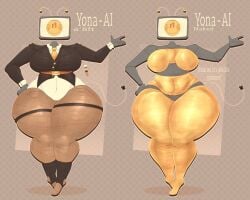 alternate_version_at_source boilingvalerii boobs_out button_up_shirt fishnet_legwear fishnets jello metallic_body smiley_face standing_on_tip_toes tuxedo tv_head tv_screen wide_hips wide_thighs wire_tail yellow_skin