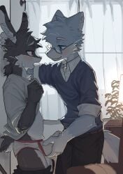 2026 anthro blue_body blue_eyes blush bodily_fluids bottomwear bottomwear_down briefs brown_body bulge canid canine clothed clothing clothing_lift collared_shirt colored_seam_underwear duo erection erection_under_clothing eyewear fluffy fluffy_tail gay gay_male genital_fluids glasses hand_on_bulge hand_on_head head_tuft hi_res inside kemono lagomorph leporid looking_at_another male male/male mammal mintza_bo pants pants_down partially_clothed plant polo_shirt precum precum_through_clothing precum_through_underwear rabbit red_eyes shirt shirt_lift standing tail tenting topwear tuft underwear wet wet_clothing white_body yaoi