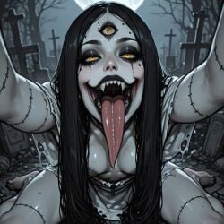 ai ai_art ai_generated black_hair black_lips black_lipstick blush close-up close_up close_up_view evilex5 graveyard gray_nipples holding_viewer inside_mouth long_hair long_tongue moon moonlight multiple_eyes open_mouth pale-skinned_futanari pale_skin saliva saliva_trail sharp_teeth sitting small_breasts stitched stitches tombstone torn_clothes torn_clothing yellow_eyes