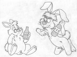 alcohol alice_in_wonderland alice_in_wonderland_(1951_film) animal_genitalia anthro balls barefoot beverage big_ears bottle buckteeth dialogue disney duo erection eyewear food front_view glasses greyscale half-closed_eyes kneeling lagomorph male male_only mammal march_hare_(disney) mizzyam monochrome nude open_mouth pencil_(artwork) penis penis_tip pointing rabbit semi-anthro sheath size_difference small_penis tapering_penis teeth testicles traditional_media_(artwork) whiskers white_rabbit_(disney)