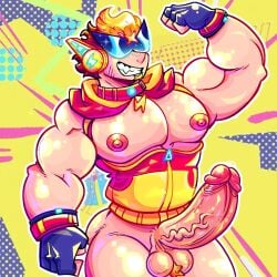 blonde_hair brawl_stars exposed_breasts facial_hair flexing helios_saltburn human_version male_only muscular_male pubic_hair sunglasses surge_(brawl_stars) tagme zipper_down