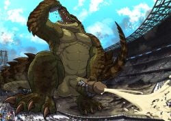 4_toes 5_fingers abs anthro balls biceps biped bodily_fluids building building_destruction building_sex carnak_(carpo) city city_background city_crushing city_destruction cityscape claws crocodile crocodilian crush cum cum_flooding cumshot destruction detailed_background ejaculation erection excessive_cum excessive_genital_fluids extreme_size_difference feet finger_claws fingers footprint genital_fluids genitals green_body hi_res house humanoid_genitalia humanoid_penis hyper hyper_cum landscape_dwarfing macro macro_anthro macro_male male masturbation muscular muscular_anthro muscular_male nude open_mouth oral_vore orgasm outside pawprint paws pecs penile penile_masturbation penis rampage reptile scalie size_difference sky solo stadium stomping tail tatugon teeth toe_claws toes tongue vore