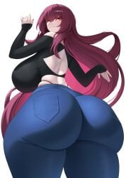 1girls ass ass_bigger_than_head ass_bigger_than_torso ass_focus big_ass big_breasts bottom_heavy breasts brown_hair brunette_hair bubble_butt busty clothing fat_ass fate/grand_order fate_(series) female female_only gluteal_fold huge_ass huge_breasts jeans large_ass large_breasts light-skinned_female long_sleeves looking_at_viewer looking_back luunamito massive_ass pants png rear_view red_eyes scathach_(fate) shirt solo thick_ass thick_thighs thunder_thighs wide_hips