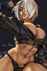 abs absurdres angel_(kof) belt belt_buckle big_breasts blue_eyes breasts chaps cleavage crop_top cropped_jacket female fingerless_gloves gloves hair_over_one_eye highres jacket king_of_fighters king_of_fighters_xiv large_breasts leather leather_jacket muscular muscular_female obliques rim_jims snk solo toned underwear