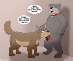 absurd_res american_dragon:_jake_long anthro balls bodily_fluids canid canine canis dialogue disney domestic_dog drooling duo english_text fellatio feral feral_penetrated fu_dog_(character) genitals hand_on_head hi_res inprogress male male/male mammal oral overweight penetration penile penis saliva sex sucking text tongue