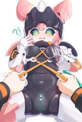 !? 1boy absurdres angels_of_delusion aria_(zenless_zone_zero) aria_(zenless_zone_zero)_(robot_form) blush bow breasts censored clothes_grab colored_pussy commentary female green_bow green_eyes green_pussy heart heart_censor highres humanoid_robot looking_at_viewer male_pov navel omu_(omu2627) open_mouth pink_hair pov pussy robot robot_girl small_breasts symbol-only_commentary twintails wise_(zenless_zone_zero) zenless_zone_zero