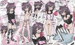 1futa bottomless cait_(y2kqtz) character_sheet chastity_cage chastity_key dominant futanari hairy_armpits hoodie latex lingerie nipple_piercing original original_character penis pink_lingerie text thighhighs trans_woman y2kqtz