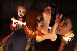 3d 3d_(artwork) 3d_model 3d_render 3girls barefoot batgirl batgirl_(barbara_gordon) batgirl_(gotham_knights) batman_(series) black_eyeshadow black_hair black_lipstick blonde_hair blue_eyeshadow blue_highlights boots brown_eyes choking clothed clothed_female damsel_in_distress dc dc_comics diana_prince dominant dominant_female domination domino_mask elevenstairs eyeshadow face_paint facepaint feet feet_in_face feet_up female female_only femdom femsub foot_fetish foot_worship footwear_removed gotham_knights green_eyes harley_quinn harley_quinn_(arkham) harley_quinn_(suicide_squad_game) heroine heroine_in_trouble injustice_2 lasso lasso_of_truth licking licking_foot lipstick makeup mask masked masked_female nude nude_female pink_eyeshadow red_hair red_highlights red_lipstick rope rope_around_neck rope_bondage soles submissive submissive_female suicide_squad suicide_squad:_kill_the_justice_league superhero superhero_costume superheroine supervillain supervillainess tiara toes tongue tongue_out two-tone_lipstick villain villainess white_face white_facepaint wonder_woman wonder_woman_(injustice) worshiping