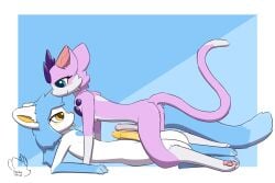 3:2 absurd_res anthro blush bodily_fluids domestic_ferret duo feeshyartist felid feline foreskin frottage genital_fluids genitals hi_res humanoid_genitalia humanoid_penis leaking_precum male male/male mammal miu_(feeshyartist) mustelid musteline penile penis penis_size_difference penises_touching philikkahn precum precum_on_penis rule_63 sex size_difference small_dom_big_sub sumthy_(fidelbon) true_musteline weasel yellow_penis