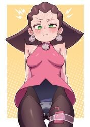 absurdres ass_visible_through_thighs breasts bright_pupils brown_hair buzzlyears closed_mouth commentary cowboy_shot dress female frown green_eyes highleg highleg_leotard highres leotard medium_breasts medium_hair mega_man_(series) mega_man_legends mega_man_legends_(series) pantyhose pink_dress pussy_juice sex_toy sleeveless sleeveless_dress solo thigh_gap thigh_strap trembling tron_bonne_(mega_man) v-shaped_eyebrows vibrator vibrator_under_clothes white_pupils