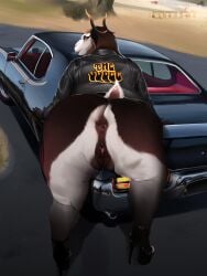 absurd_res anthro anus ass band1tnsfw big_butt black_clothing black_footwear black_jacket black_shoes black_topwear bottomless brown_hair clothed clothing dark_anus dark_vulva digital_drawing_(artwork) digital_media_(artwork) english_text eyelashes facial_markings female footwear genitals hair head_markings hi_res high_heels horn huge_butt jacket jacket_only leather leather_clothing leather_jacket leather_topwear long_eyelashes long_hair looking_at_viewer looking_back looking_back_at_viewer lying_on_car mammal markings muscle_car orange_eyes pontiac raised_tail shawdara_(alantodne) shoes solo tail text text_on_clothing thick_thighs topwear topwear_only vulva