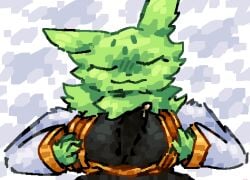 anthro blush blush_lines bodily_fluids breast_grab breast_play breasts bulge closed_eyes clothed clothed_paizuri clothed_sex clothing cum cum_in_clothing cum_through_clothing dewlap_(anatomy) duo female feral fluffy fluffy_ears fur genital_fluids green_body green_fur hand_on_breast lizard_(rain_world) male male/female neck_tuft rain_world robe saint_(rain_world) scaliescum sex shirt_bulge slugcat smile titjob tuft videocult wet wet_clothing