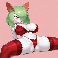 1girls ai ai_generated anthro big_breasts blush bra breasts embarrassed female frosting.ai generation_3_pokemon green_hair kirlia lingerie lying_on_back nintendo nipple_outline non_nude open_legs panties pokemon pokemon_(species) red_bra red_eyes red_legwear red_lingerie red_panties red_underwear solo spread_legs spreading thick_thighs thighs tummy underwear white_body