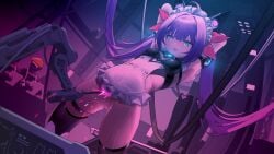 absurdres ahoge animal_ears apron armpits arms_behind_head black_thighhighs blue_eyes blush bottomless bound breasts cable cat_ears cleft_of_venus commentary_request dutch_angle fake_animal_ears female frills glowing hair_ribbon heart heart-shaped_pupils highres linkai_nuofu long_hair no_panties open_mouth original pubic_tattoo pubic_tattoo_printing purple_hair purple_theme pussy pussy_juice restrained ribbon sex_machine small_breasts solo stationary_restraints sweat symbol-shaped_pupils tattoo tattoo_machine_(laser) thighhighs twintails very_long_hair very_sweaty white_apron wulala_(vtuber)