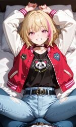 1boy 1girls ai_generated arms_up belt blonde_hair blue_eyes bulge choker female humping jacket jeans kawai_rika letterman multicolored_hair multicolored_jacket pants pillow pink_hair pov pov_crotch sex shirt smile solo spread_legs wonder_egg_priority