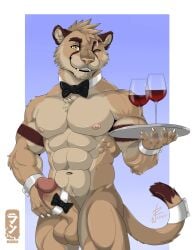 accessory anthro balls biped bow_ribbon bow_tie collar container cougar cup dragoran drinking_glass erection felid feline furgonomics genitals glass glass_container glass_cup hi_res humanoid_genitalia humanoid_penis looking_at_viewer male male_anthro male_only mammal muscular muscular_anthro muscular_male one_eye_closed penis penis_accessory penis_bow penis_collar penis_ribbon ribbons ricius_teck smile solo standing tail tail_accessory tail_collar waiter waiter_tray wine_glass wink winking_at_viewer