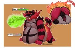absurd_res all_fours anthro attribute_theft balls belly belly_humping big_belly black_balls black_penis blaze_(incinevorer) bodily_fluids burp_cloud burping digestion digestion_noises duo ear_piercing ear_ring felid feline fire_belt gameplay_mechanics garchomp generation_4_pokemon generation_7_pokemon genital_fluids genitals grey_body growth gui health_bar hi_res huge_belly humping_own_belly imminent_digestion incineroar leaking_precum looking_pleasured male male_pred mammal masturbation meowndible multicolored_body multicolored_penis nintendo open_mouth penis piercing pokemon pokemon_(species) precum rear_view red_body ring_piercing simple_background skull_symbol status_effect striped_body stripes unseen_prey vore