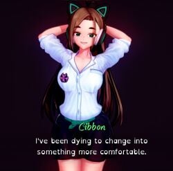 3d big_breasts black_skirt brown_hair brunette_hair cat_ear_headphones cibbon cibbon_(succubus_kingdom) dialogue green_eyes hair_between_eyes logo_on_clothes long_hair perfect_boobs smile succubus_kingdom tagme talking_to_viewer thick_thighs white_shirt