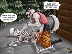 animal_genitalia animal_penis animated_skeleton anthro bone canine canine_penis clothed clothed/nude comic_sans dog dog_penis doggo_(undertale) english_text furry gay knot male male_anthro male_only male_penetrating mammal naked nude outdoors penis royal_guard_(undertale) sans skeleton text tongue_out undead undertale yaoi