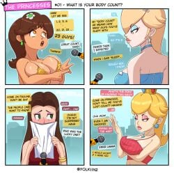 4girls alternate_breast_size arm_under_breasts artist_name bare_shoulders bikini bikini_top_only blonde_hair blue_choker blue_eyes blue_eyeshadow blush bracelet breasts brown_eyes brown_hair choker cleavage collarbone covering_own_mouth crown earrings embarrassed english_language english_text eyeshadow female flower flower_earrings gem green_eyes hair_ornament half-closed_eyes holding_paper jewelry large_breasts lips lipstick long_hair looking_at_another looking_up makeup mario_(series) microphone mini_crown multiple_girls necklace nose_blush open_mouth paper pauline pauline_(mario) pearl_earrings pink_lips princess_daisy princess_peach princess_rosalina purple_eyeshadow red_dress red_lips rosalina shirt sleeveless speech_bubble star_earrings super_mario_bros. swimsuit talking tan tanned text white_border yellow_eyes yolkiin