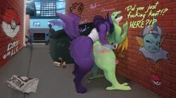 absurd_res alley_sex animal_genitalia anthro ass big_butt canine_genitalia dominant dominant_male duo firebirddraws fur generation_3_pokemon generation_4_pokemon genitals green_body grovyle grovyle_the_thief hi_res holding_hips humanoid_genitalia humanoid_penis internal knot knotted_penis knotting leaf leaf_hair lucario male male/male male_penetrated male_penetrating male_penetrating_male nintendo penetration penis plant plant_hair pokemon pokemon_(species) pokemon_mystery_dungeon pressing_against prostate_stimulation pseudo_hair public public_sex purple_body purple_fur sex shay-lluxurio spike_chunsoft stealth_sex tail thick_thighs wall_(structure) x-ray_view