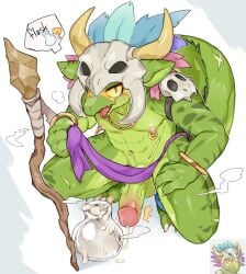 2026 4_fingers abs anthro armband balls bent_legs biped blush bodily_fluids bone bone_mask bottomwear bottomwear_aside bracelet cane claws clothed clothed_anthro clothed_male clothing clothing_around_one_leg clothing_aside crouching cum cum_in_container cum_in_flask dialogue digital_media_(artwork) emanata english_text erection feet finger_claws fingers flask full-length_portrait genital_fluids genitals glans green_body green_ears green_skin high-angle_view humanoid_genitalia humanoid_penis jewelry lihzahrd loincloth loincloth_aside looking_at_viewer male male_anthro markings mask multicolored_body multicolored_skin navel nipple_piercing nipples no_sclera non-mammal_navel ookm open_mouth partially_clothed partially_clothed_anthro partially_clothed_male penis piercing pink_glans portrait pupils purple_bottomwear purple_clothing question_mark re-logic red_pupils reference_image reptile ring_piercing scalie scar shaded shimmer_witch_doctor_(terraria) shimmered_witch_doctor simple_background skull skull_mask snout solo speech_bubble staff tail terraria text toe_claws tongue vein veiny_penis witch_doctor_(terraria) yellow_eyes yellow_markings
