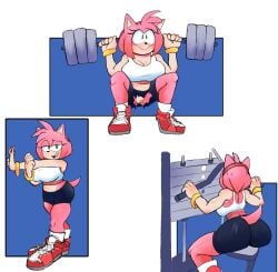 amy_rose embarrassed_expression going_commando noinx_at_nite_(artist) pussy pussy_peek ripped_clothing ripped_shorts sega sonic_(series) sonic_the_hedgehog_(series) wardrobe_malfunction weightlifting weights working_out