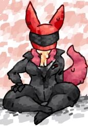 anthro anthrofied bodily_fluids clothing crossed_legs cum cum_in_clothing cum_in_helmet cum_on_chest dewlap_(anatomy) female genital_fluids hand_on_leg headgear hi_res hunter_(rain_world) leaking_cum motorcycle_helmet rain_world scaliescum sitting slugcat solo sweat sweat_stain tail videocult zipper_jumpsuit