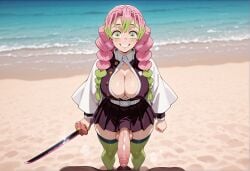 1boy ai_generated beach belt black_skirt blush braid breasts cleavage demon_slayer demon_slayer_uniform erection female gradient_hair green_eyes green_hair green_thighhighs grin haori holding holding_sword holding_weapon huge_cock japanese_clothes juliaverseai kanroji_mitsuri katana kimetsu_no_yaiba large_breasts large_penis long_hair long_sleeves looking_at_viewer mitsuri_kanroji mole mole_under_eye multicolored_hair multiple_moles outdoors partially_unbuttoned penis pink_hair pleated_skirt pov precum skirt smile solo sword thighhighs twin_braids uncensored veins veiny_penis weapon white_belt
