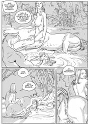 anus black_and_white bovine breasts campfire centaur comic english_text equine equine_taur female forest furronika male mammal minotaur monochrome nipples nude penis pussy speech_bubble taur text tree