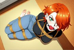 angry angry_expression angry_female angry_sub ball_gag barefoot black_shirt bondage bound bound_legs clothed_female fang freckles freckles_on_face gag gagged gagged_female glaring green_eyes grumpy jeans lying_on_floor red_hair rope rope_between_breasts rope_bondage rope_harness short_hair tied_up tight_bondage