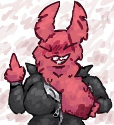 anthro anthrofied big_breasts blush blush_lines bodily_fluids breasts bust_portrait closed_eyes dewlap_(anatomy) female flashing flashing_breasts front_view fur gesture grin grinning_at_viewer hand_gesture hi_res hunter_(rain_world) looking_at_viewer middle_finger musk notched_ear portrait rain_world red_body red_fur scaliescum scar slugcat smile smiling_at_viewer solo steam sweat videocult zipper_jumpsuit