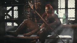 1futa 3d abs axe balls big_balls big_breasts boots breasts casual_nudity cleavage cum cum_drip detailed_background fantasy futa_only futanari green_skin huge_cock indoors muscular muscular_futa orc orc_futa partially_clothed penis penis_out precum precum_drip red_hair slop_art solo solo_futa veiny_penis weapon window