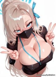 2025 ai_generated alternate_costume anime asuna_(blue_archive) asuna_\\\\(blue_archive\\\\) bangs black_dress blue_archive blue_eyes blue_ribbon blush breasts cleavage collarbone covered_nipples crossover double_v dress eye_contact female female_focus flushed hair_over_one_eye hair_ribbon halo highres huge_breasts large_breasts light_brown_hair long_hair looking_at_viewer mask mouth_mask nsfw patreon ponytail ribbon rognezart shirt simple_background solo sweat sweaty v very_long_hair white_background