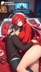 1boy 1girls 2026 ahoge ai_assisted ai_generated anime artist_name ass big_ass big_breasts booty breasts bust busty clock coffee_mug explicit hi_res high_quality high_resolution high_school_dxd highres hug large_breasts long_hair mug night patreon patreon_username red_hair rias_gremory skypassion stable_diffusion sweater teacup valentine's_day watermark window