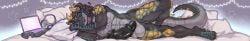 abs absurd_res animal_genitalia animal_penis anthro athletic athletic_male balls banner big_balls big_penis computer dragon dreadlocks electronics equine_genitalia equine_penis genitals headgear headphones headset hi_res kane_(metgross) laptop long_image looking_at_viewer lying male mythological_creature mythological_scalie mythology on_side pecs penis pillow sadmishutka_(artist) scalie solo wide_image