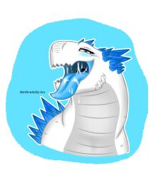 blue_mouth blushing_at_viewer cum_dripping_from_mouth cum_in_mouth cum_on_tongue mothradeily_lex mouth_full_of_cum open_mouth shimo_(kaiju) sticking_out_tongue sticking_tongue_out