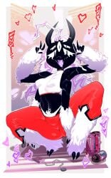 1futa 4_arms 6_eyes armpit armpits arthropod black_body black_skin breasts_apart clothed clothing cropped_shirt drink fully_clothed fur futanari goatboydraws kneeling long_hair looking_at_viewer medium_breasts multiple_eyes non-human original original_character pants sharp_teeth shirt smile smiling smiling_at_viewer solo squatting unknown_species white_hair